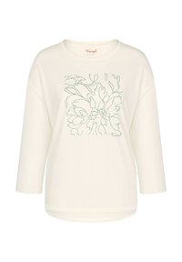 Jasno kremowa bluzka z długim rękawem, okrągłym dekoltem i luźnym krojem. Z przodu znajduje się zielony wzór kwiatów. Gładka tkanina.