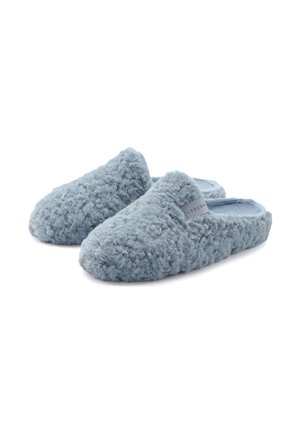 Blue fuzzy slippers with a textured, plush exterior and soft inner lining. Feature a simple design with an accent label on the side.