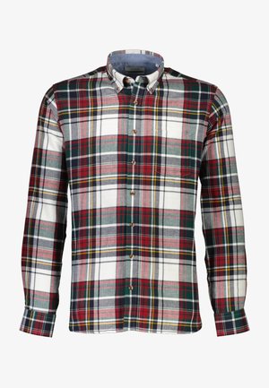 Heren longsleeve overhemden met een geruit patroon, gemaakt van geweven katoen. Kenmerken zijn een patroon van rood, groen en blauw, een knoopsluiting aan de voorkant en een klassieke kraag.