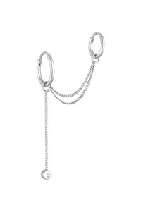 Cercei din argint cu două inele interconectate, o lanț și un mic charm rotund la capăt, gravat cu "925". Textură netedă, design minimalist.