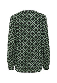 Blouse à manches longues en tissu noir avec un motif en losanges verts. Comprend des manches froncées et un col rond.