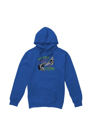 Blue hoodie with front pocket featuring graphic of a zombie hand reaching toward a skeleton hand and text "Never Trust The Living."