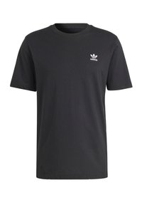 Svart bomullströja med rund hals och korta ärmar. Har en liten vit Adidas-logotyp på vänster bröst. Enkel design, normal passform.