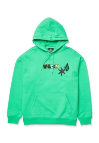 Felpa con cappuccio verde realizzata in cotone misto. Presenta una tasca a marsupio frontale, cappuccio con lacci e un logo grafico audace in vari colori.
