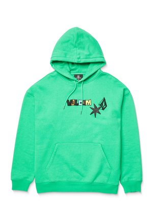 Sweat à capuche vert en mélange de coton. Dispose d'une poche kangourou à l'avant, d'une capuche avec cordon de serrage et d'un grand logo graphique de différentes couleurs.