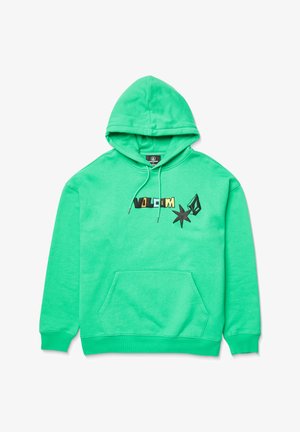 Groene pullover hoodie van katoenmix. Voorzien van een voorzak in kangoeroestijl, een capuchon met trekkoord en een gedurfde logo-afbeelding in verschillende kleuren.