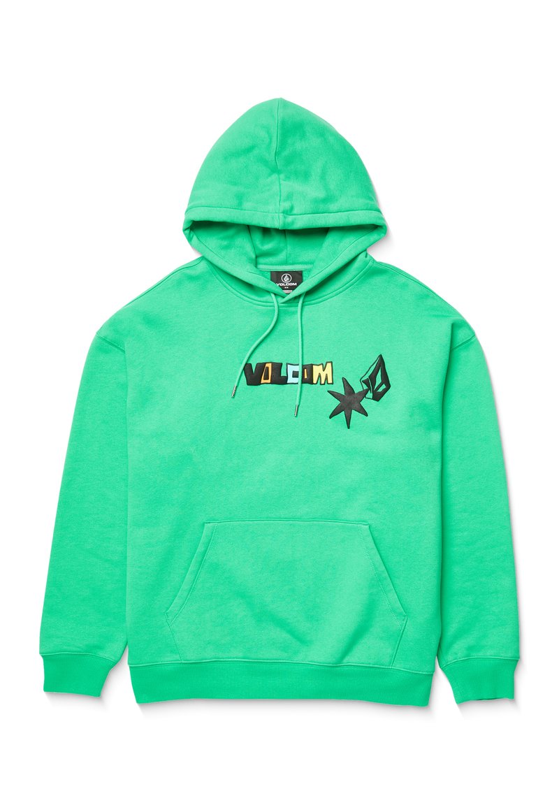 Felpa con cappuccio verde realizzata in cotone misto. Presenta una tasca a marsupio frontale, cappuccio con lacci e un logo grafico audace in vari colori.