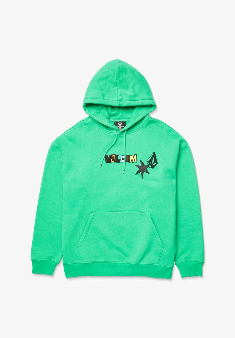 Felpa con cappuccio verde realizzata in cotone misto. Presenta una tasca a marsupio frontale, cappuccio con lacci e un logo grafico audace in vari colori.