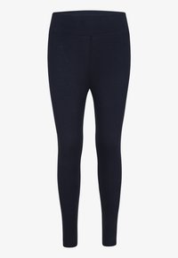 Mørkeblå leggings laget av mykt, elastisk stoff med høy midje og glatt tekstur, designet for komfort og bevegelighet.