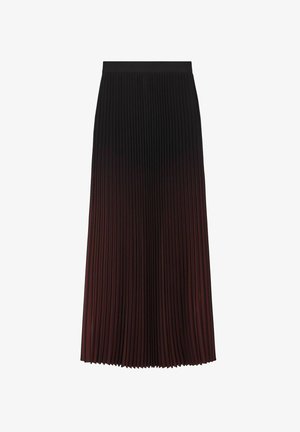 Faltenrock in Midi-Länge mit einem Farbverlauf von Schwarz zu Dunkelrot, ausgestattet mit einem glatten Bund und vertikalen Linien für die Textur.