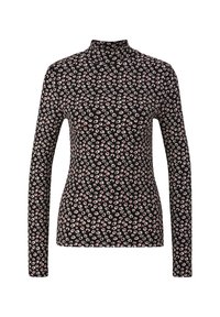 Haut à col roulé noir à manches longues avec un motif léopard irrégulier rose et blanc.