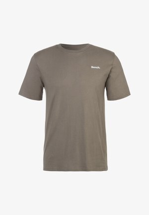 Short-sleeve t-shirt in olive green cotton with crew neck. Features white "Bench." logo on the upper left side. Minimalist design.