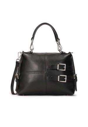 Sac à main en cuir noir avec panneaux texturés, double sangle à boucle argentée sur le devant, et poignées détachables à l'épaule et au sommet.