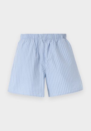 Light blue shorts with vertical white stripes, elastic waistband, relaxed fit, and smooth texture suitable for casual wear.