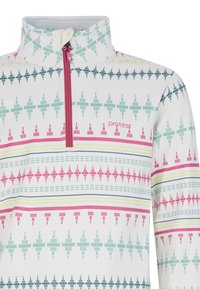 Pull en polaire blanche avec un col montant, doté d'une fermeture zippée mi-hauteur. Le design présente des motifs géométriques en teal, rose et jaune.