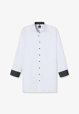 Weißes Langarmhemd mit einer schwarzen Knopfleiste vorne und gemusterten schwarzen Manschetten. Knitterfreier Stoff mit einem strukturierten Kragen.