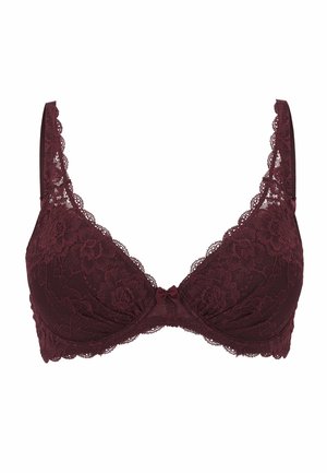 Kanten bh in diep bordeaux met een bloemmotief, met onderbroken cups, geschulpte randen en een klein centraal strikje.