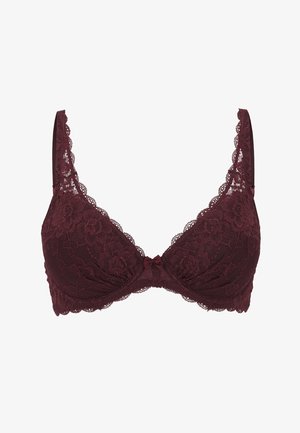 Spidertop i dyb bordeaux med et blomstermønster, underwire-kopper, scalloped kanter og en lille central sløjfedetalje.