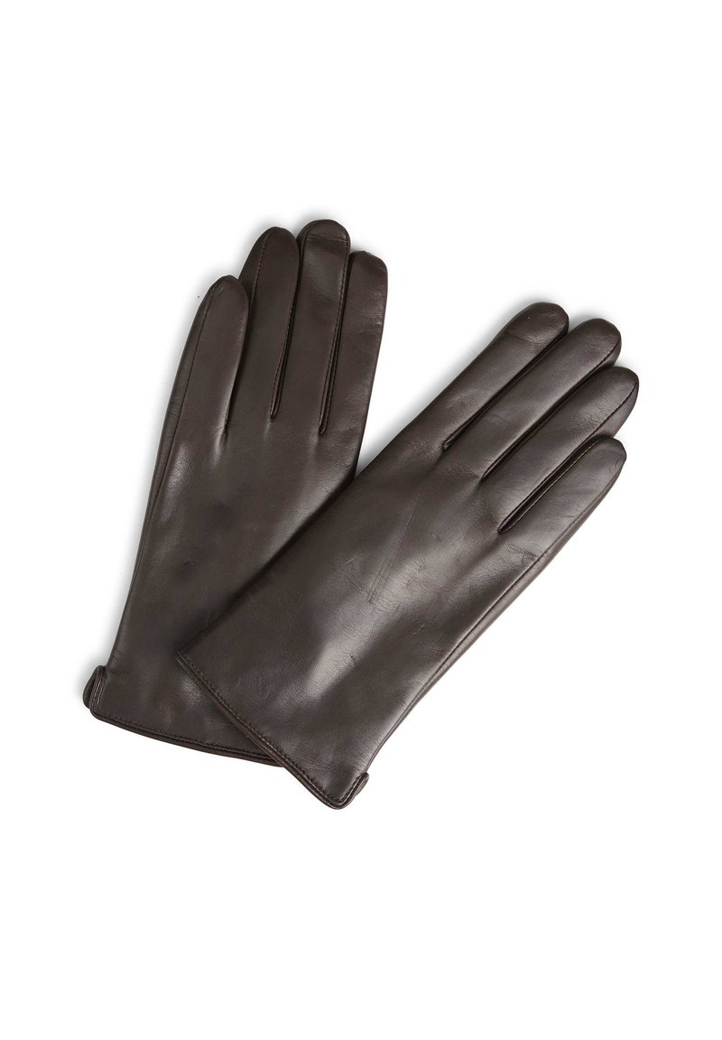Gants en cuir marron avec une texture lisse, un design à cinq doigts et des coutures surpiquées, présentant une forme simple et classique.