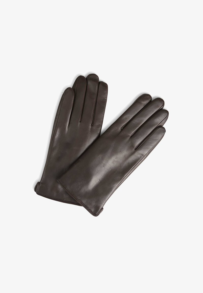 Brune læderhandsker med en glat overflade, fem-finger design og syninger, der har en simpel, klassisk form.