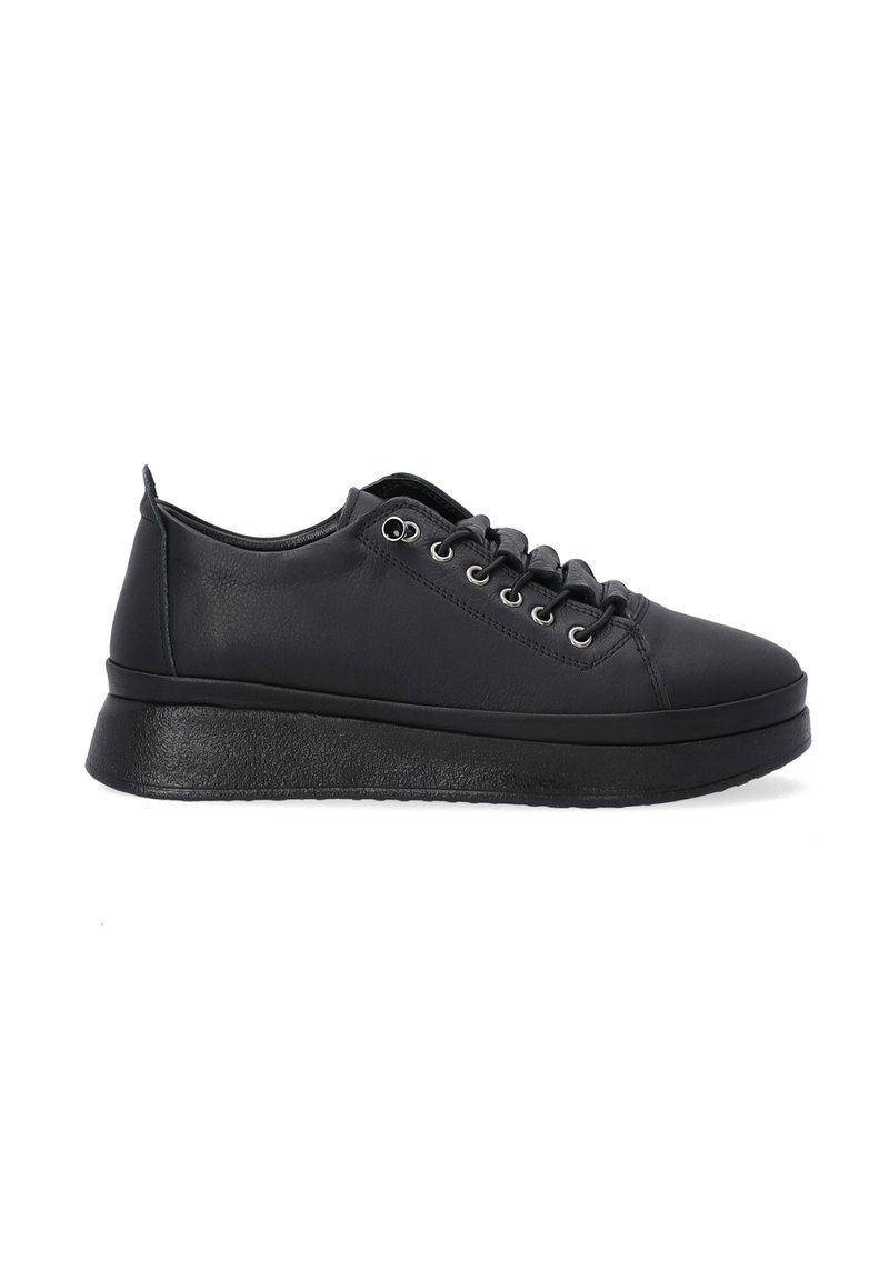 Schwarze Sneaker aus synthetischem Material, mit runder Zehenpartie, Schnürdesign, flacher Sohle und metallischen Ösen. Glatte Textur.