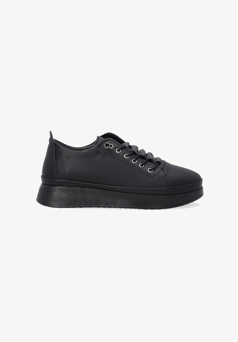 Schwarze Sneaker aus synthetischem Material, mit runder Zehenpartie, Schnürdesign, flacher Sohle und metallischen Ösen. Glatte Textur.