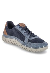 Blaue Mesh- und Wildledersneaker mit braunen Lederakzenten, runder Zehenform, Schnürdesign, strukturiertem Obermaterial und leichter Gummisohle.