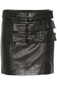 Black leather mini skirt featuring multiple wide belts with buckles and metal grommets. Smooth texture with structured design.
