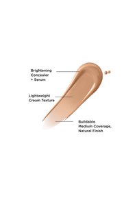 Échantillon de crème cosmétique beige étiquetée comme correcteur illuminateur et sérum, texture crème légère, couvrance moyenne modulable, fini naturel.