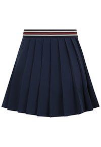 Gonna plissettata blu navy con cintura elastica, caratterizzata da righe orizzontali bianche, rosse e blu navy.