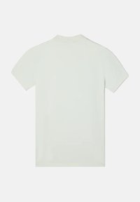 T-shirt verde chiaro a maniche corte con una vestibilità classica, presenta un colletto tondo e una texture uniforme, senza modelli visibili o dettagli in hardware.