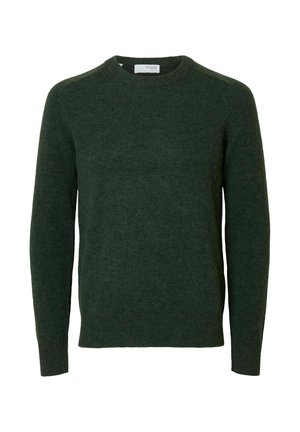 Pulover verde din lână cu gât rotund, mâneci lungi și manșete cu zăbrele. Textură netedă și aspect moale, având detalii de design minime.