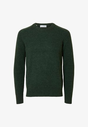 Suéter de lana verde con cuello redondo, mangas largas y puños acanalados. Textura suave y apariencia blanda, con detalles de diseño mínimos.