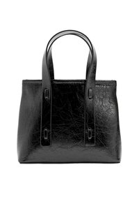 Czarna skórzana torba typu tote z dwoma solidnymi uchwytami, gładką fakturą, prostokątnym kształtem i subtelnym połyskiem. Nie posiada widocznych elementów metalowych ani wzorów.