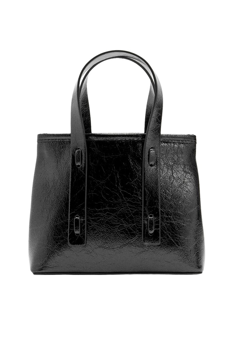 Czarna skórzana torba typu tote z dwoma solidnymi uchwytami, gładką fakturą, prostokątnym kształtem i subtelnym połyskiem. Nie posiada widocznych elementów metalowych ani wzorów.