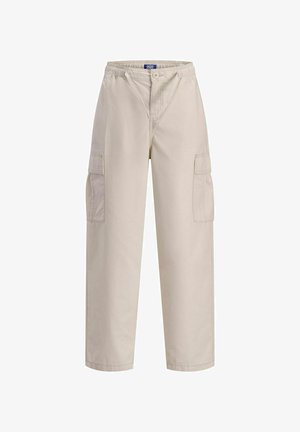 Młoda osoba stoi, ubrana w jasnoniebieską bluzę z kapturem z logo palmy, beżowe spodnie cargo i białe trampki, na jednolitym jasnym tle.