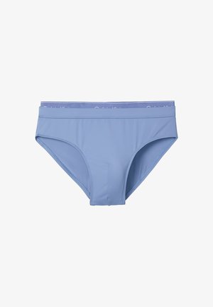 Pair of light blue men's briefs with a soft waistband, folded flat on a white background.
