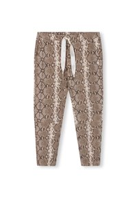 Brown slangenprint joggers met een witte trekkoord. Zachte stof, tapered leg ontwerp, met een gestructureerd patroon dat contrasterende lichte en donkere secties heeft.