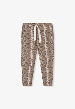 Brown snake print joggers with a white drawstring. Soft fabric, tapered leg design, featuring a textured pattern with contrasting light and dark sections.