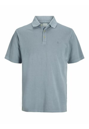 Hele sinine lühikeste varrukatega polo särk, mis on valmistatud tekstureeritud puuvillast, klassikalise kraega ja kolme nööbiga nööpreal, millel on peen logo.