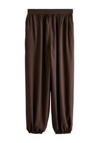 Pantalon marron ample avec taille élastique et poignets élastiques froncés aux chevilles, présenté à plat sur fond blanc.