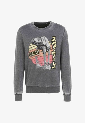 Sudadera gris con un gráfico de un caminante AT-AT y texto de estilo retro en amarillo, rosa y negro. Puños y cuello acanalados.