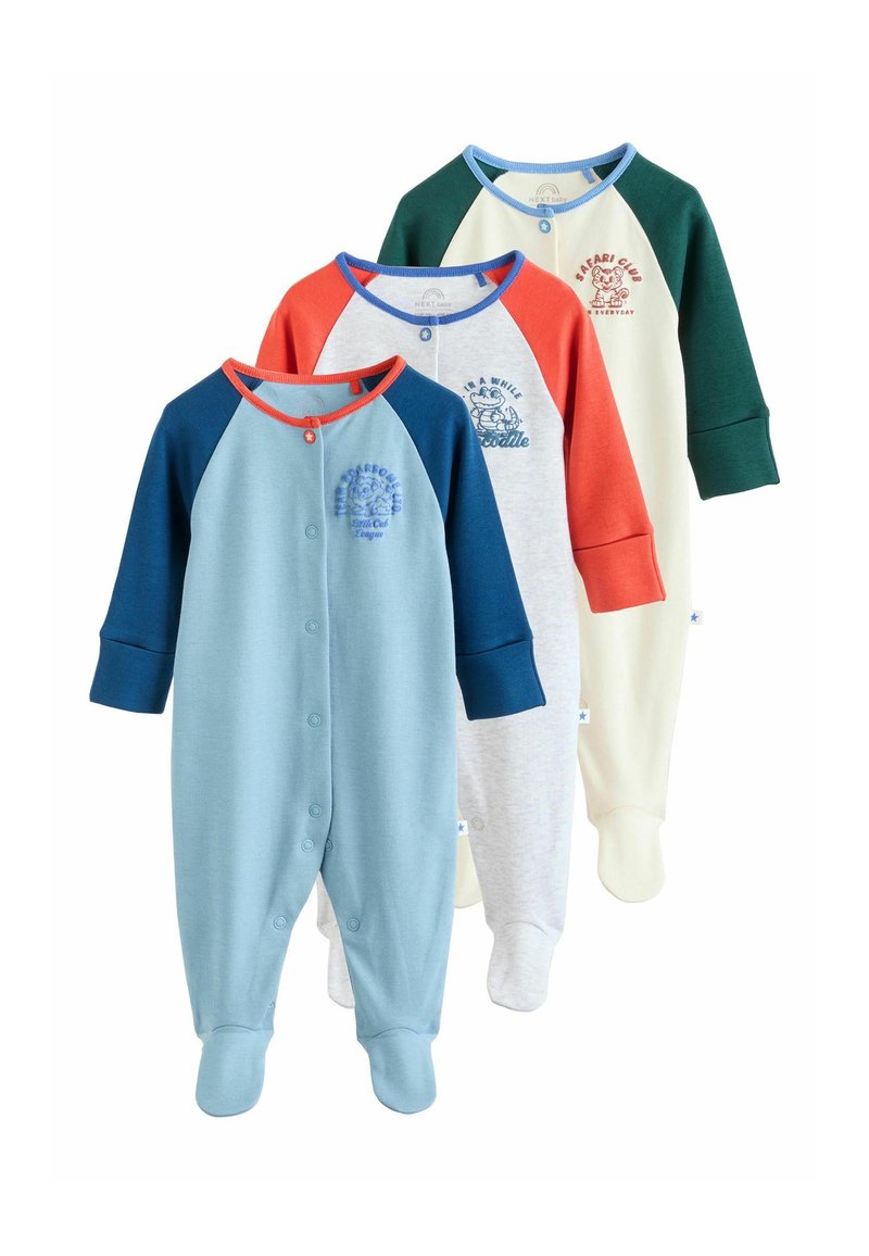Three long-sleeve onesies in blue, light gray, and cream, featuring contrasting raglan sleeves, buttons down the front, and playful graphics.