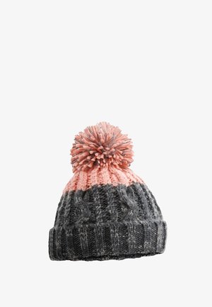 Knitted winter hat with dark gray base, light pink top section, and large pink pom-pom on top.