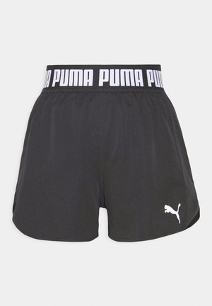 Zwarte trainingsshorts met een witte elastische tailleband met het "PUMA"-logo en een klein wit PUMA-logo aan de onderzijde links.