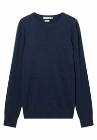 Suéter de cuello redondo de manga larga en azul marino oscuro, hecho de suave tela de cachemira, exhibido plano sobre un fondo blanco.
