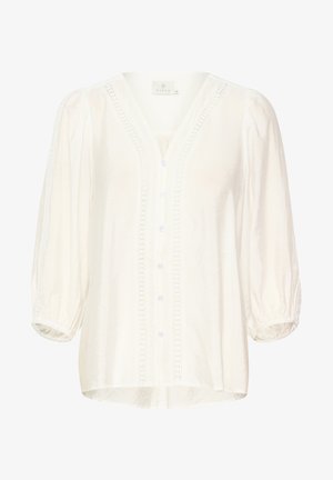 Bijela, lagana bluzica s V-izrezom, napuhanim rukavima i dugmadi sprijeda. Sadrži složene detalje od čipke duž patenta.