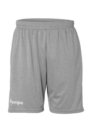 Grijze sportshorts gemaakt van ademend materiaal. Voorzien van een elastische tailleband en een witte 'Kempa' logo aan de linkerpijp.