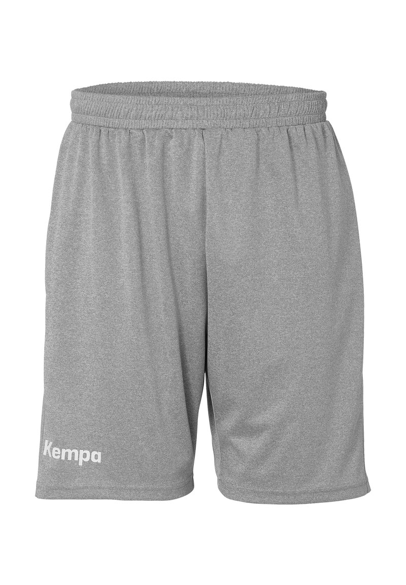 Grijze sportshorts gemaakt van ademend materiaal. Voorzien van een elastische tailleband en een witte 'Kempa' logo aan de linkerpijp.