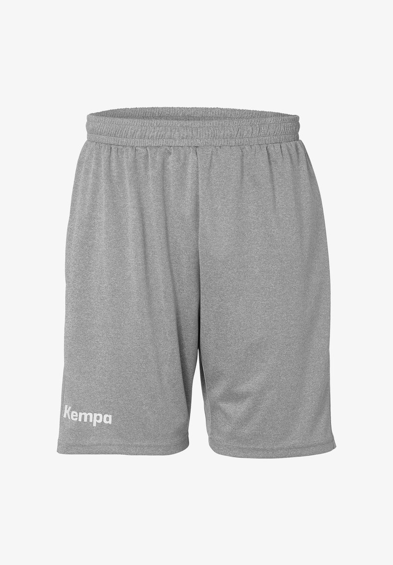 Grijze sportshorts gemaakt van ademend materiaal. Voorzien van een elastische tailleband en een witte 'Kempa' logo aan de linkerpijp.